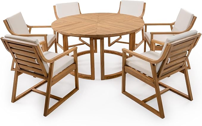 7-Piece Outdoor Dining Set, 59" Round Table with Umbrella Hole and 6 Padded Chairs, Rustic Patio Furniture Set for Garden Backyard Family Gatherings (Light Teak-R1)