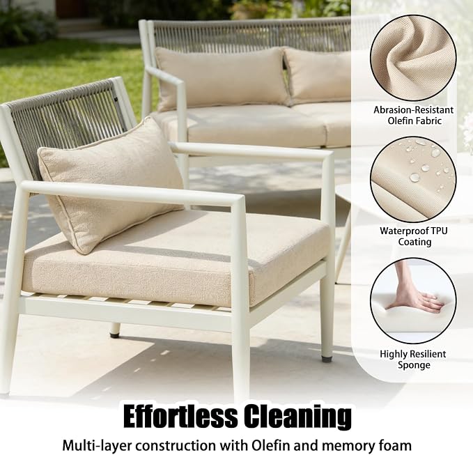 Outdoor Patio Furniture Set, 4 Seats Outdoor Sectional with Coffee Table, Patio Conversation Sets with PE Rope, Outdoor Sectional Sofa with Thick Cushions for Balcony, Porch (White)