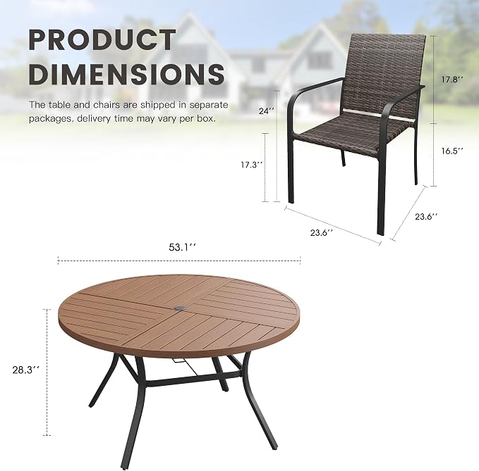 Outdoor Dining Set for 8, 53.1" Metal Round Outdoor Dining Table with Umbrella Hole and Wicker Stackable Patio Chairs, 9 Pieces Patio Table and Chairs Set for Garden Backyard, Walnut