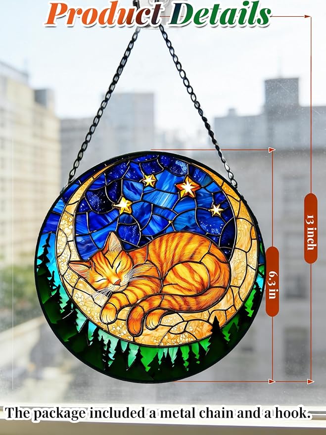Stained Glass Window Hanging, Orange Sleeping Cat Suncatcher for Door Home Decor Moon Starry Night Sun Catcher Ornament Mother's Day Birthday Gifts for Women Men Mom 6.3 in