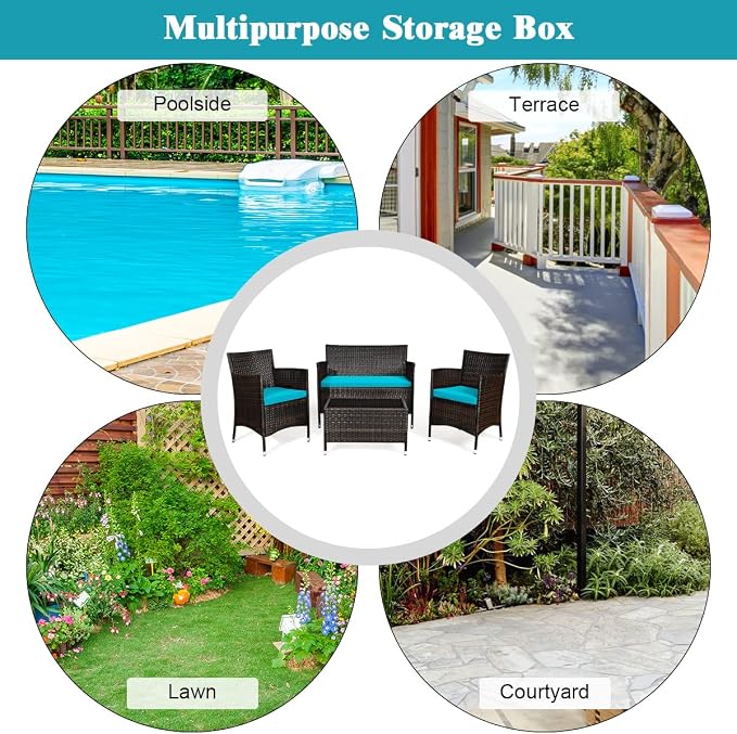 4 Pieces Patio Sofa Set, Wicker Conversation Set with Ergonomic Curved Backrest, Rattan Furniture Set with Water-Resistant Cushion & Tempered Glass Table for Balcony, Porch (Turquoise)