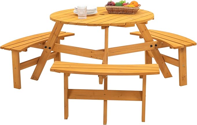 6 Person Outdoor Picnic Table with 3 Built-in Benches Round Wood Picnic Table with Umbrella Hole, Outside Picnic Tables and Bench Set for Garden,Patio, Backyard,1720LBS Total Capacity,Natural