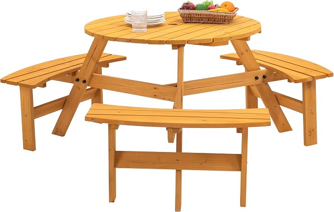 SSLine 6-Person Solid Wood Picnic Table Outdoor Round Picnic Table and Bench Set with Umbrella Hole Outside Wooden Table and Chairs Set for Patio Backyard Garden Lawn (Natural Brown)