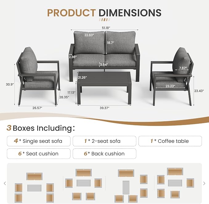 6 Pieces Aluminum Outdoor Patio Furniture Set 6-Seat Deck Furniture Patio Conversation Sets All-Weather Rust-Proof Sectional Sofa Set with Removable Cushion for Balcony, Yard, Poolside