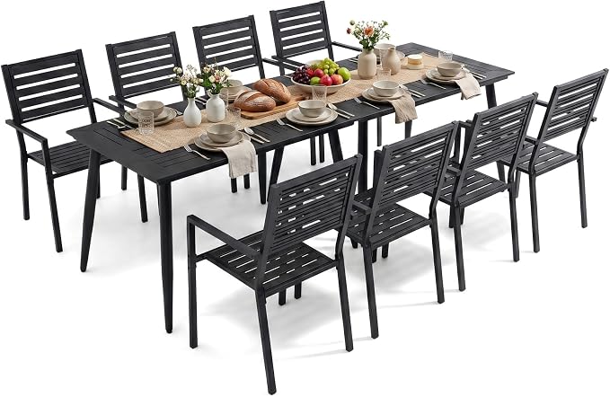 10 Piece Outdoor Dining Set All Weather Patio Dining Set with HDPE Wood-Like Tabletop, Rustproof Metal Outdoor Table and Chairs with 8 Stackable Chairs for Garden Backyard, Black
