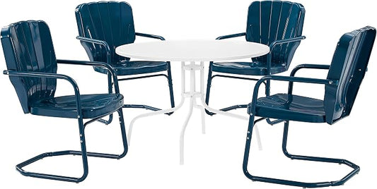 Crosley Furniture Ridgeland 5-Piece Outdoor Dining Set for 4, Retro Metal Round Patio Table and Chairs, Navy Gloss