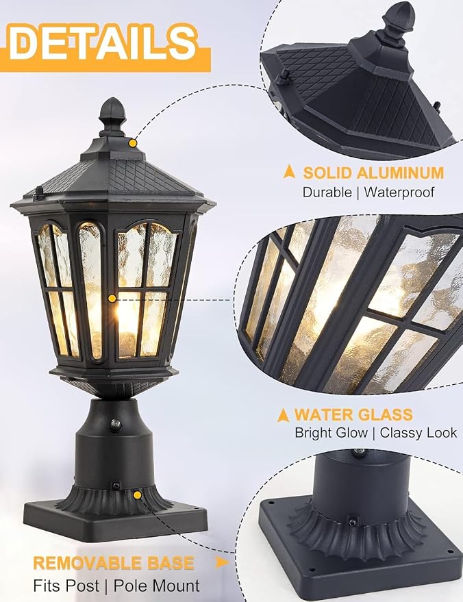 2 Pack Dusk to Dawn Post Light Outdoor, 17''H Outdoor Lamp Post Light with Pier Mount Adapter,Waterproof IP65 Classic Die Cast Aluminum with Water Ripple Glass, Matte Black