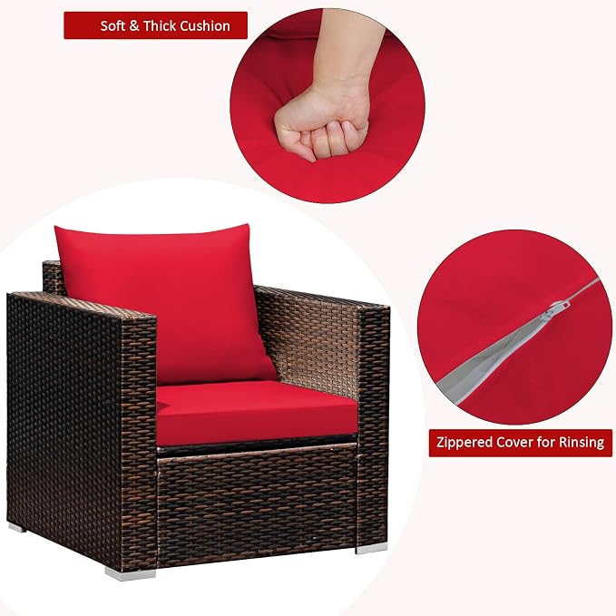 Patio Conversation Set Outdoor, 3-Piece Rattan Wicker Furniture Set with Water-Resistant Cushion & Tempered Glass Tabletop, Patio Furniture Set for Balcony, Porch, Poolside (Red)
