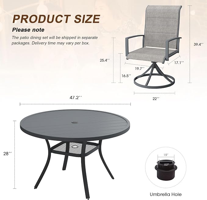 VICLLAX 7 Pieces Outdoor Dining Set, Patio Furniture Set Includes 47" Round Metal Table W/ 1.9" Umbrella Hole and 6 Padded Textilene Swivel Chairs for Porch, Lawn, Garden, Backyard