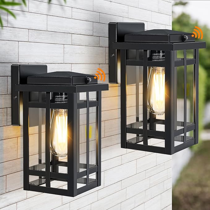 2 Packs Dusk to Dawn Outdoor Wall Lighting 9.76'', Black | Exterior Light Fixture Wall Mount for House Front Porch Light, Anti-Rust Modern Outdoor Lantern with Glass for Garage