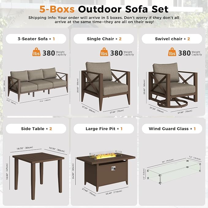 Aluminum Outdoor Patio Furniture Set with Swivel Chairs, 10-Piece Outdoor Sectional with 5.2" Thick Cushions, Patio Conversation Sets with Plus Fire Pit for Backyard,(Brown,7 Seats)