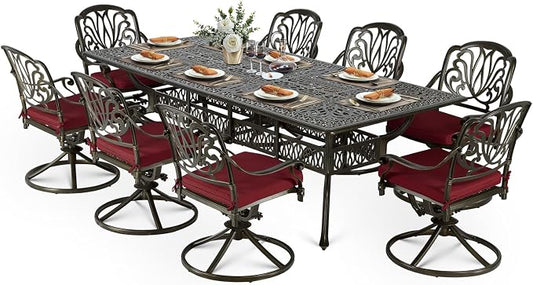VIVIJASON 9-Piece Outdoor Dining Set, Cast Aluminum Retro Patio Furniture Table and Chairs Set for 8, Include 94.5" Rectangular Table and 8 Swivel Rocker Chairs with Umbrella Hole, Red Cushion