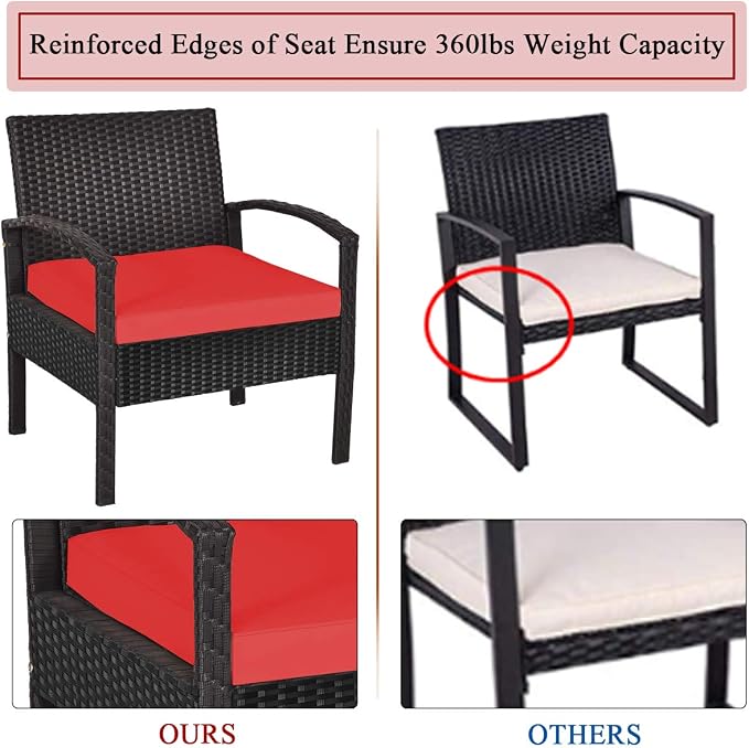 Tangkula 3 Pieces Patio Wicker Conversation Set, Outdoor Rattan Furniture with Washable Thick Cushion & Coffee Table w/Storage Space, Patio Furniture Set for Backyard Porch Garden Poolside (Red)