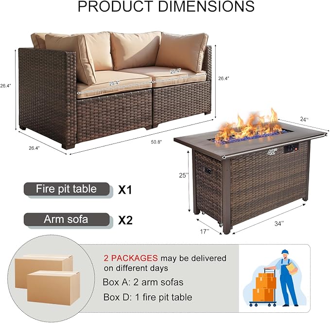 3 Pieces Patio Furniture Set with Fire Pit Table, Outdoor PE Rattan Sectional Sofa with Soft Cushions for Backyard, Porch, and Poolside (Beige, 3 PCS w/Firepit)