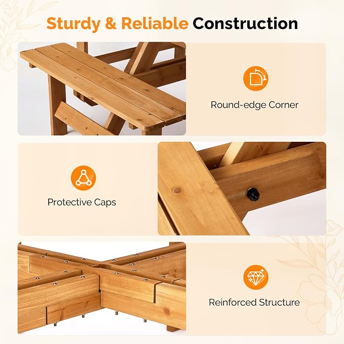 VINGLI 8-Person Wood Picnic Table Sqaure Picnic Table with Umbrella Hole and 4 Built-in Benches, Outdoor Dining Tables and Chairs 500 LBS Bench Capacity (Natural, Sqaure)