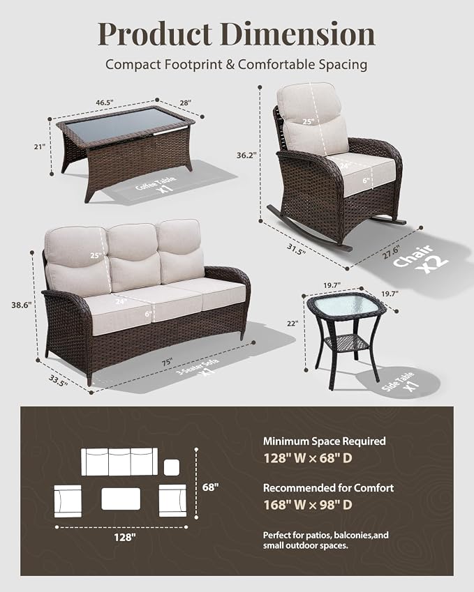 Luxury Patio Furniture Set with 6" Thick Cushions, High Back Outdoor Rocking Chairs and 3-seat Sofa, 5 Pcs All Weather Conversation Set for Porch Deck Poolside Yard (Beige)