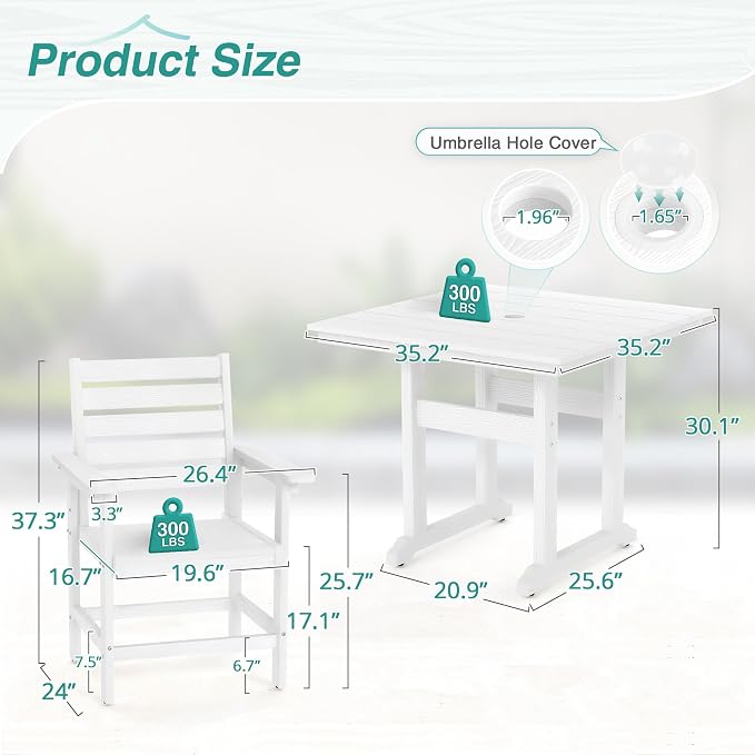 5 Piece Patio Dining Set, 35" Square HDPS Weather Resistant Outdoor Table & 4 Patio Chairs Set with 1.96" Umbrella Hole, Heavy Duty for Small Space Backyard Balcony, White