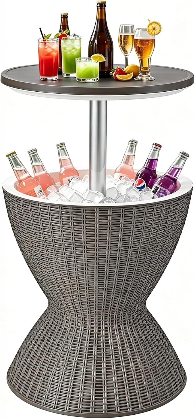 COSTWAY Outdoor Cool Bar Table, 8 Gallon Beer and Wine Cooler, Height Adjustable Rattan Style Cocktail Patio Bar Tables, 3-in-1 Ice Cooler with Drainage Plug for Deck, Pool, Party, Beach (Coffee)