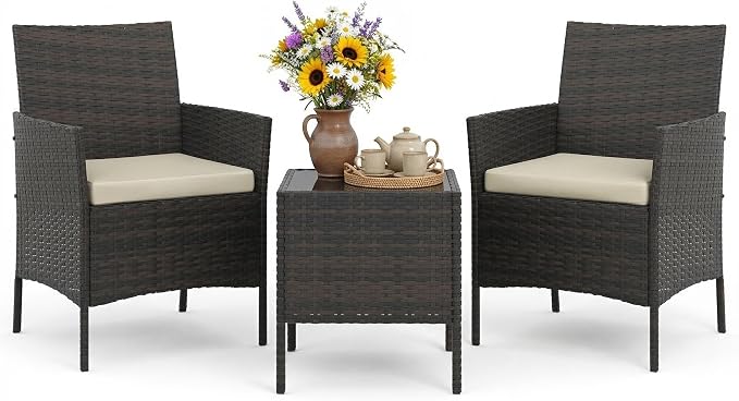 PeakPursuit 3 Pieces Patio Furniture Set, PE Rattan Wicker Patio Set with Soft Cushion and Glass Coffee Table, Upgraded Outdoor Patio Chairs and Table for Garden Poolside Balcony,White