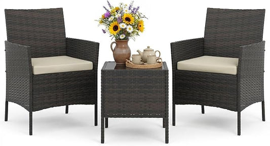 PeakPursuit 3 Pieces Patio Furniture Set, PE Rattan Wicker Patio Set with Soft Cushion and Glass Coffee Table, Upgraded Outdoor Patio Chairs and Table for Garden Poolside Balcony,White