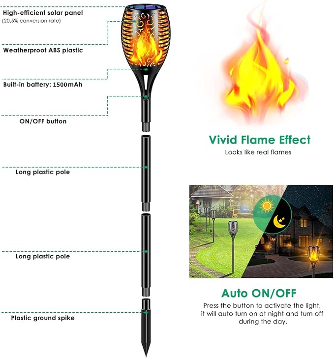 TomCare Flickering Flame Solar Torch Lights Outdoor, 43" Tall, 2 Pack | Realistic 99-LED Flame Effect, Charges in 6-8 Hours, 10-12-Hour Runtime, IP65 Waterproof, Auto On/Off for Yard, Patio, Garden