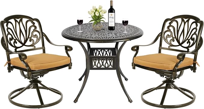 MEETWARM 3-Piece Outdoor Patio Dining Set, All-Weather Cast Aluminum Patio Conversation Set - 2 Cushions Swivel Rocker Chairs and 35.4" Round Table for Backyard Garden Deck, 2.2" Umbrella Hole