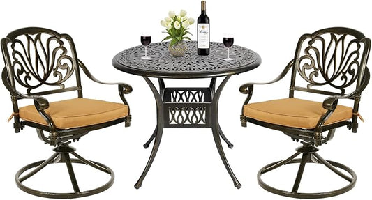 MEETWARM 3-Piece Outdoor Patio Dining Set, All-Weather Cast Aluminum Patio Conversation Set - 2 Cushions Swivel Rocker Chairs and 35.4" Round Table for Backyard Garden Deck, 2.2" Umbrella Hole