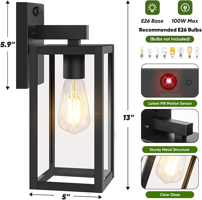 13" Upgraded Motion Sensor Outdoor Wall Light Fixture, Black | Auto ON/OFF, 3 Lighting Modes, Waterproof, Rust-Resistant, Durable Metal & Clear Glass, Standard E26 Sockets, Easy to Install