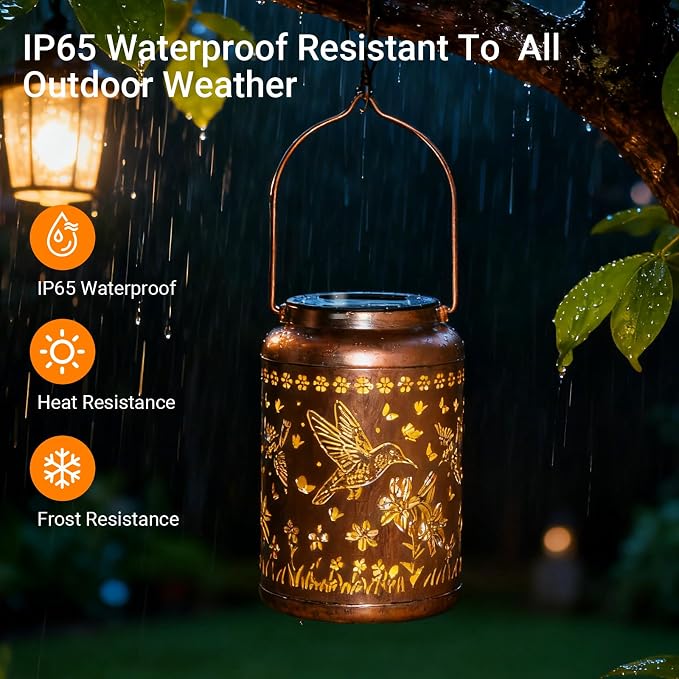 Waterproof Metal Hummingbird Solar Lantern Outdoor Hanging Garden Light | Colorful LED metal hummingbird lantern; durable, waterproof outdoor decor perfect for patio, yard, or as a gift for women