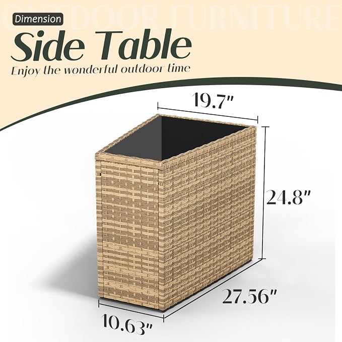 PaPaJet Rattan PE Patio Storage Side Table Sofa Wedge End Table with Tempered Glass Top, Outdoor Wicker Sectional Arm Table, Brown