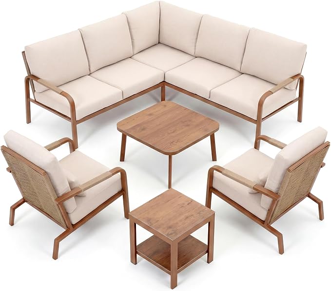 5-Piece Aluminum Patio Furniture Set, Outdoor L-Shaped Sectional Sofa with Coffee Table & Side Table, Patio 3-Piece Sofa Set, Thick Waterproof Cushions, Modern Outdoor Conversation Set, Gray