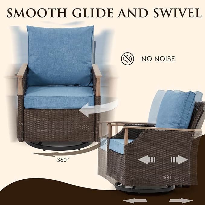 MELLCOM Patio Furniture Set, 5PCS Outdoor Wicker Conversation Set with 4" Thick Cushions, Weather Resistant Olefin Fabric for Garden, Poolside, Blue