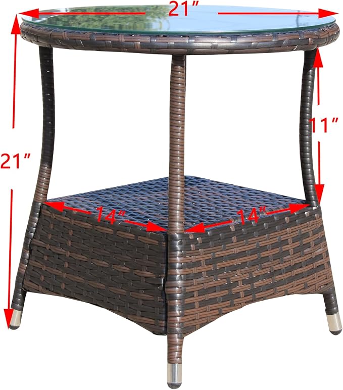 IRONORA Outdoor Wicker Coffee Table Patio Round Side Tables for Outside, Tempered Glass Top Wicker Table with Storage End Table for Balcony Porch Deck