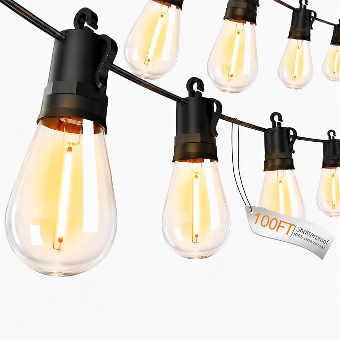 Outdoor String Lights Patio LED - Light Outside Waterproof S14 Porch Lighting Edison Plastic Bulb Pergola Hanging Balcony Connectable Backyard Yard Gazebo Party Garden Bistro 30M 100FT