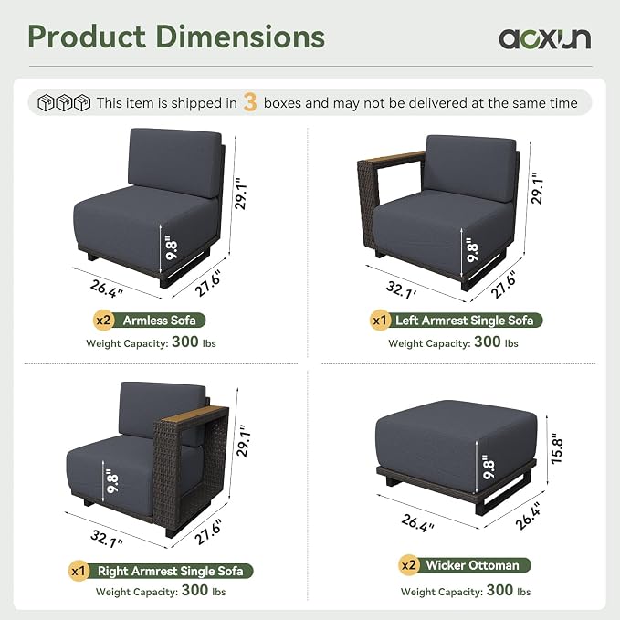 Aoxun Patio Furniture Set, 6 Piece Outdoor Wicker Sectional Sofa Set, All-Weather Rattan with 10'' Ultra-Thick Cushions, Outdoor Conversation Set for Backyard, Poolside and Garden, Brown/Dark Gray