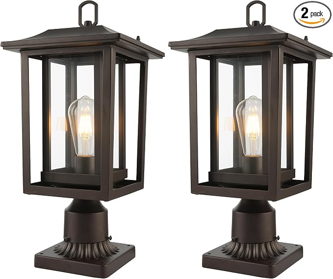 Beionxii Oil Rubbed Bronze Outdoor Post Lights 2 Pack, 19In Lamp Post Light Fixture for Outside with Pier Mount Base, Waterproof Aluminum Housing,ORB Column Mount Light(Hardwired 120V),BXA197-P-2P-ORB