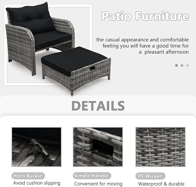 5 Pieces Wicker Outdoor Patio Chairs with Ottoman, PE Wicker Rattan Patio Conversation Furniture Set with Underneath Footrest, Wicker Outdoor Patio Chairs and Ottoman Set with Table, Black