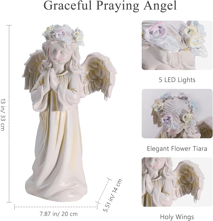 Angel Garden Statue, Memory Guardian Solar Decor with Warm Light | Waterproof Outdoor Garden Decor Praying Angel Figurine Sculpture for Lawn Yard Patio, Sympathy Present, White