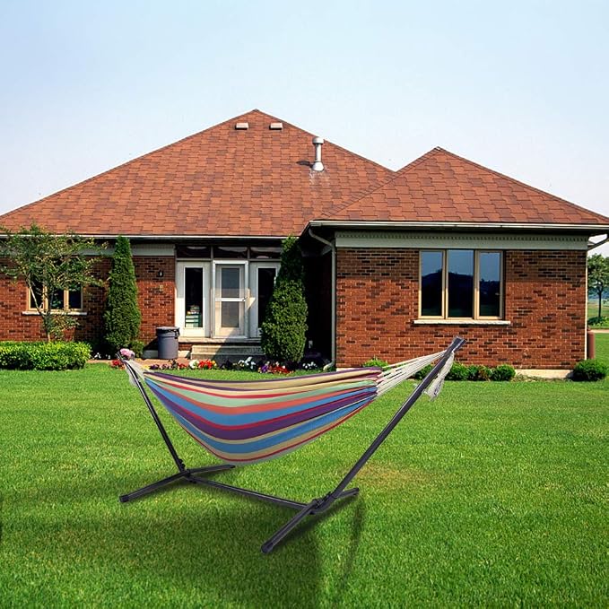 Hammock with Stand, Double Cotton Hammock with Space Saving Steel Stand, Heavy Duty Outside Garden Yard Outdoor 250lb Capacity Standing Hammocks and Portable Carrying Bag
