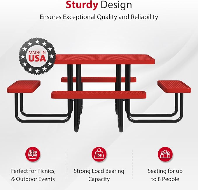 Leisure Craft Metal Picnic Table with Bench - 46" Square Outdoor Dining Table for 8 with Umbrella Hole, Weatherproof Heavy Duty Thermoplastic Coating, Commercial Grade Furniture Made in USA - Red