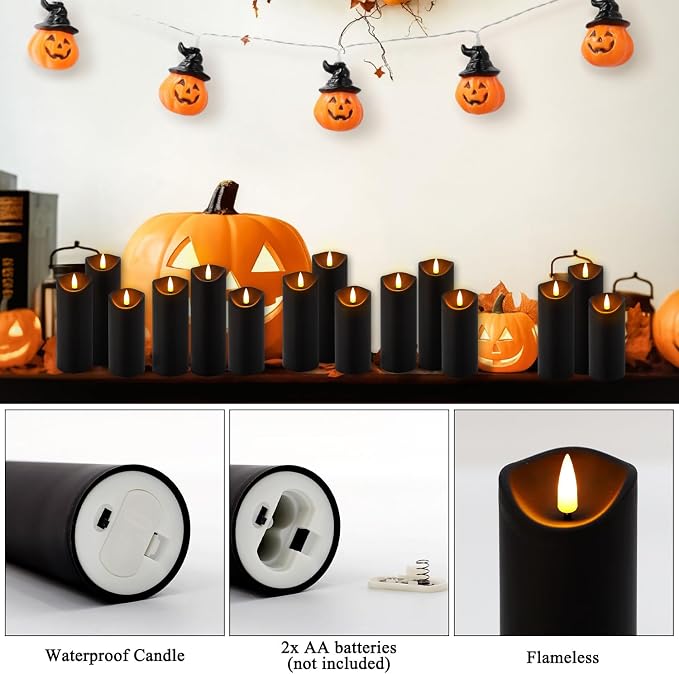 YOROXRG 24 Pack Halloween Decoration Flickering Flameless Candles, Battery Operated LED Pillar Candles with Remote Control and Timer.for Home Decor (D2.2 xH 5" 6" 7" Black)