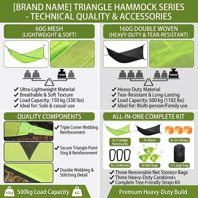 Multi-person triangular hammock, aerial camping hammock, suspended type, suitable for outdoor adventures, hiking, backyards, and gardens, includes straps, buckles, and storage bag (Green, 110in*110in)