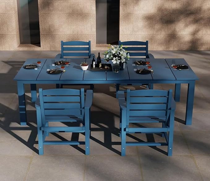 5-Piece Outdoor Dining Set with 75.2" Table for 4,Navy Blue | HDPE material, umbrella hole design, weather-resistant furniture, perfect for garden, lawn, poolside, yard, balcony, deck