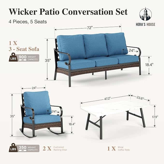 HERA'S HOUSE 4 Piece Metal Patio Furniture Set, All Weather Outdoor Conversation Set with 3 Seat Sofa, 2 Rocking Chairs & Coffee Table, Seats 5 for Backyard, Garden, Deck, Navy Blue