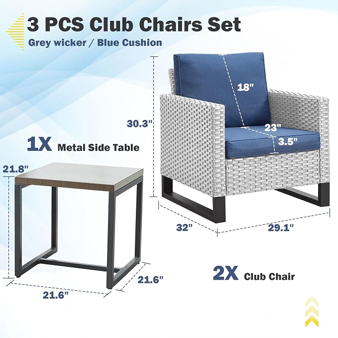 Belord Outdoor Bistro Set 3 Piece Outdoor Wicker Patio Chairs, Oversize Outdoor Rattan Seating Set, All-Weather Chairs Wicker Furniture with Side Table and Removable Cushion for Outside, Light Grey