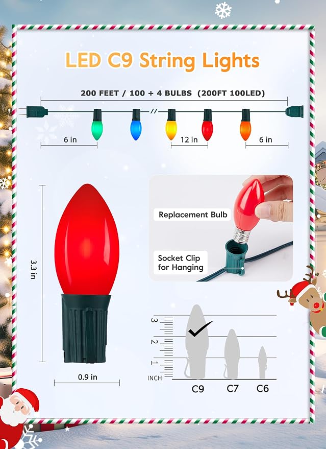 Vintage C9 Christmas Lights Outdoor, 200Ft 100 LED Multicolor String Lights | Waterproof Shatterproof Connectable Christmas Tree Lights for House Outside Roofline Patio Yard Home Xmas Decorations