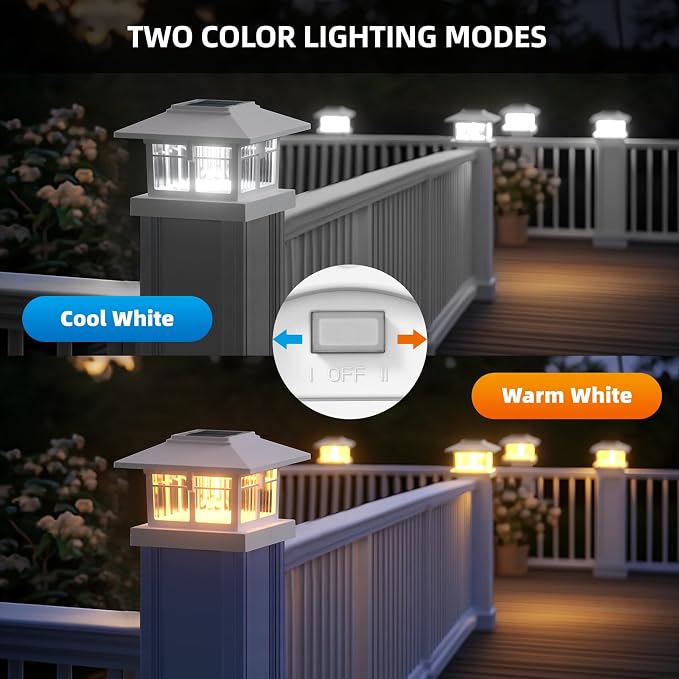4x4 Solar Post Cap Lights, Classic White, 4 Pack, Warm & Cool White | Fits 4x4 Wooden and Vinyl Posts,Fence Deck Post Lights,Edison-style bulb