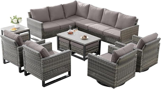 Belord Outdoor Sectional Furniture with Swivel Rocker Chair, 10 Pieces Wicker Patio Furniture Sets with Ottoman L Shaped Sofa Coffee Table Grey Cushion