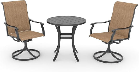 Anmutig 3 Piece Outdoor Patio Bistro Dining Set with 2 Swivel Dining Chairs & 1 Round Metal Dining Table, All Weather Dining Furniture Set for Lawn Garden Brown