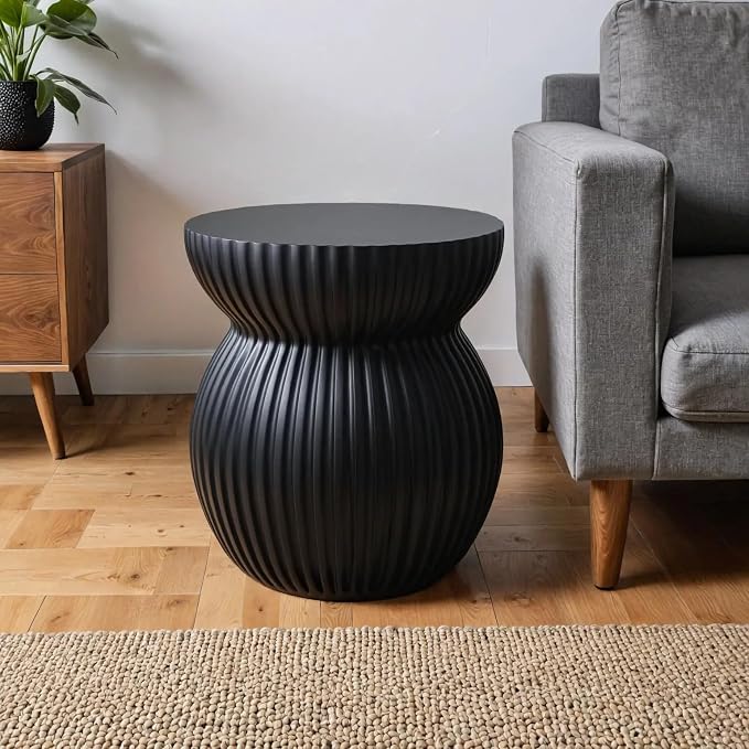 Mander Series Fiberstone Modern Side Table – Ribbed Hourglass Accent End Table for Indoor or Outdoor Use, Living Room, Bedroom, Patio - Black